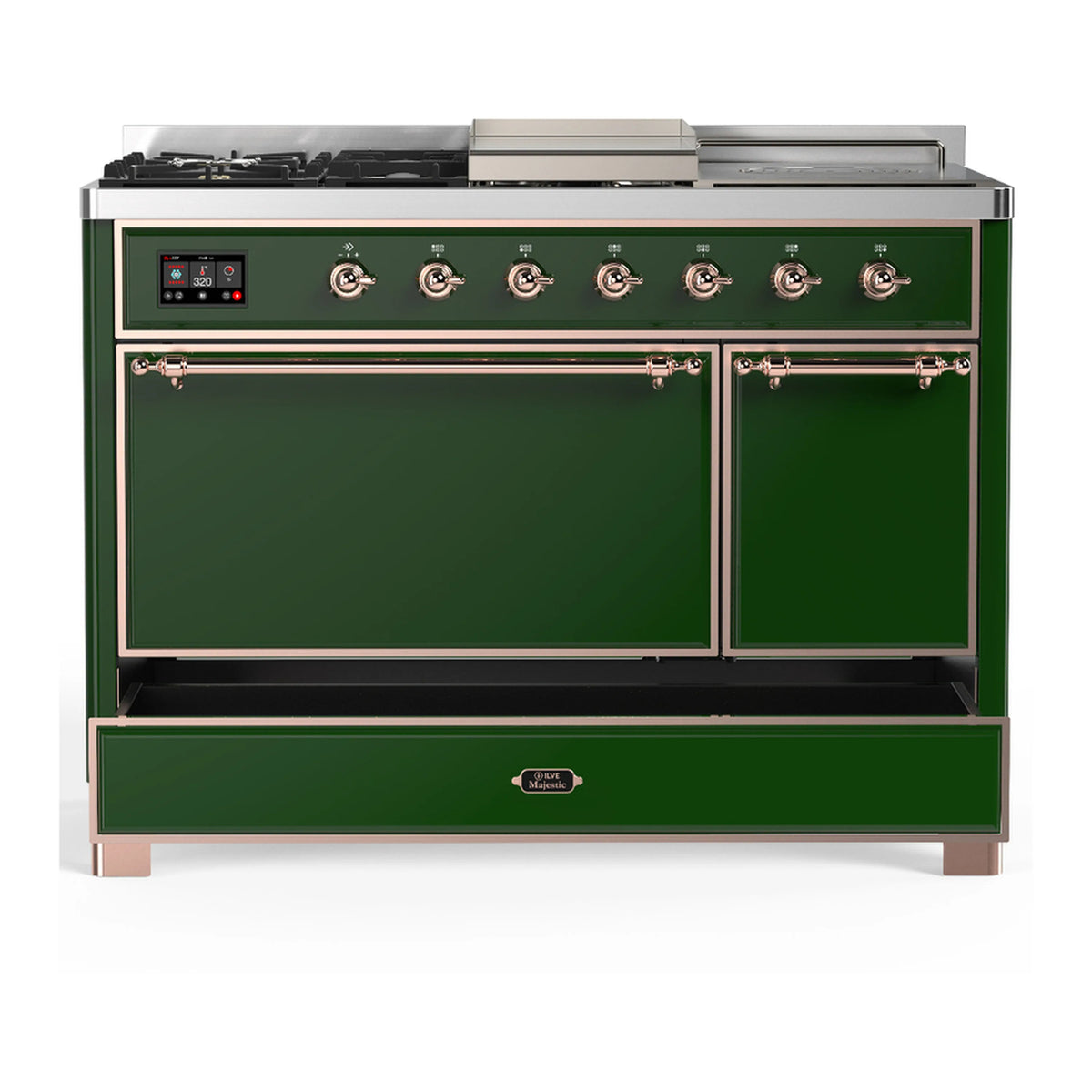 Emerald green range with copper trim, two closed oven doors and a closed lower drawer.