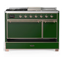 ILVE Majestic III 48-inch Dual Fuel Range with 5 Natural Gas Burner, Griddle, French Top and Solid Door Electric Oven in Emerald Green with Copper Trim (UM48FSQNR3EGP)