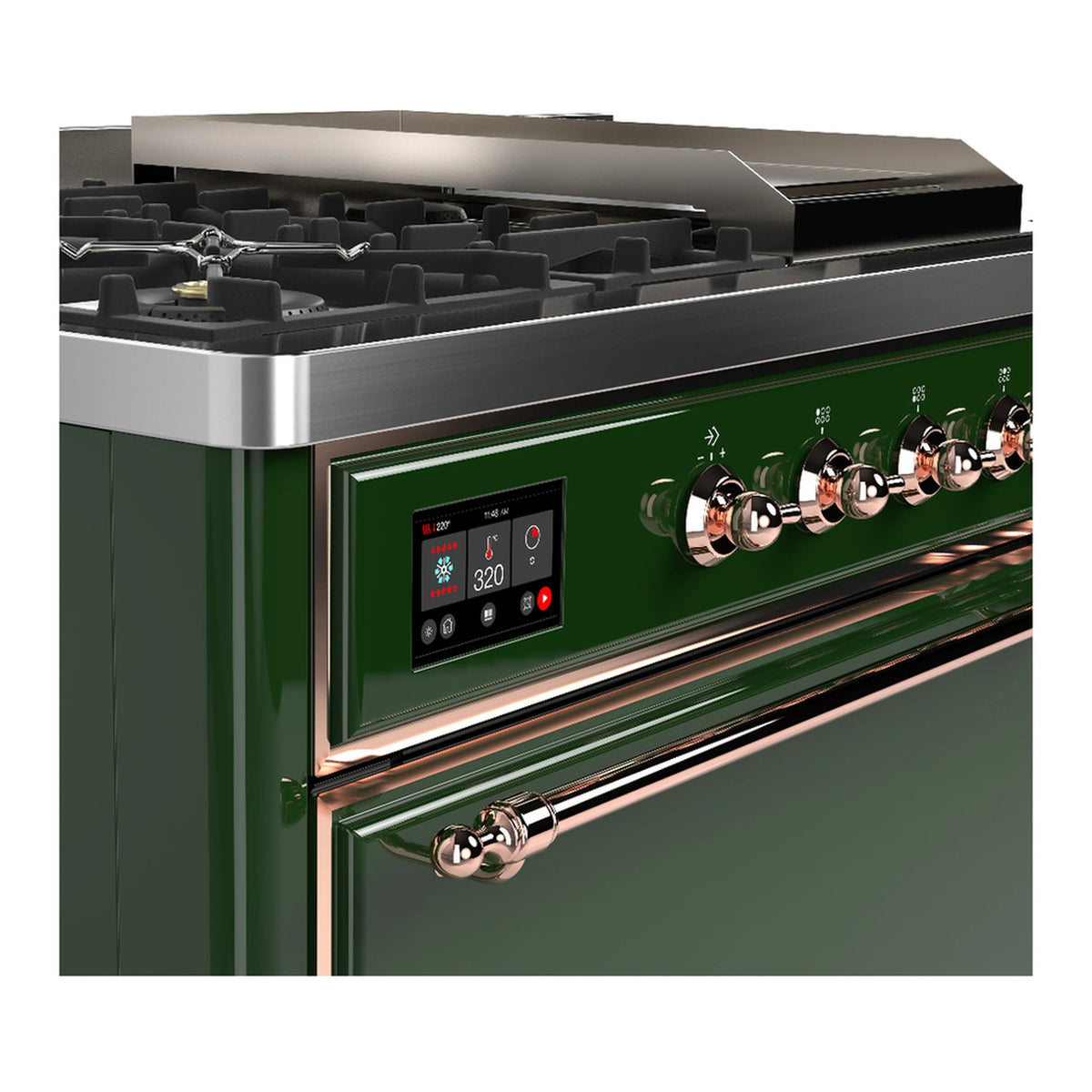Emerald green dual fuel range with copper trim, control display and front burner knobs.