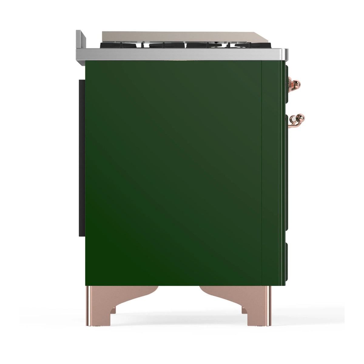 Emerald green range side panel with copper handle trim and stainless top edge.
