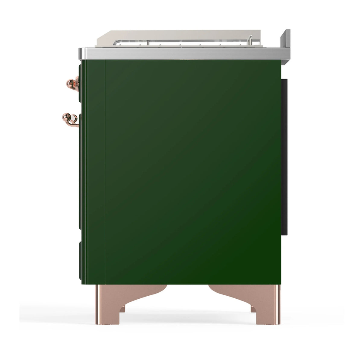 Emerald green range rear side view with copper trim and stainless top cover.