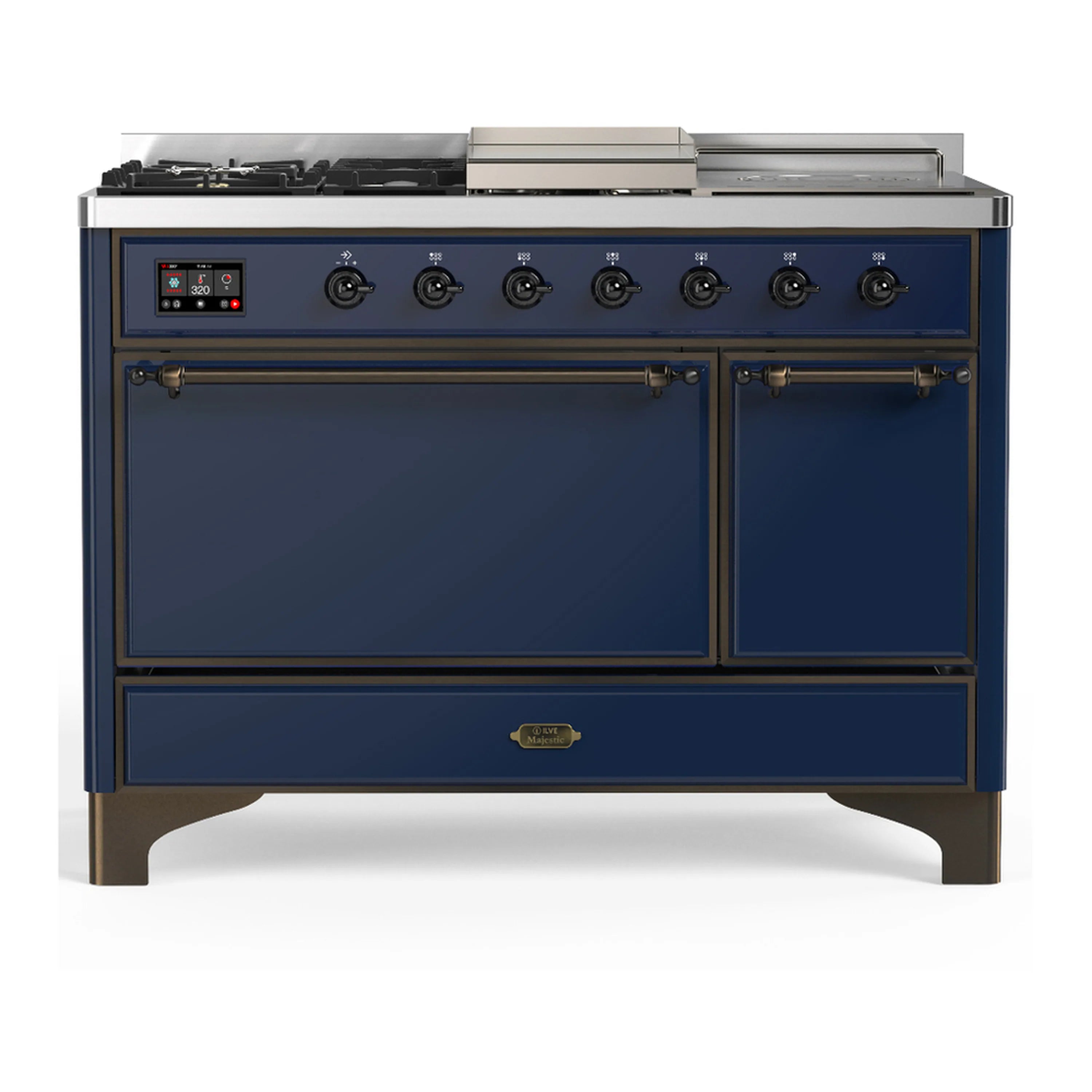 Midnight blue dual fuel range with French top, griddle, and two solid doors