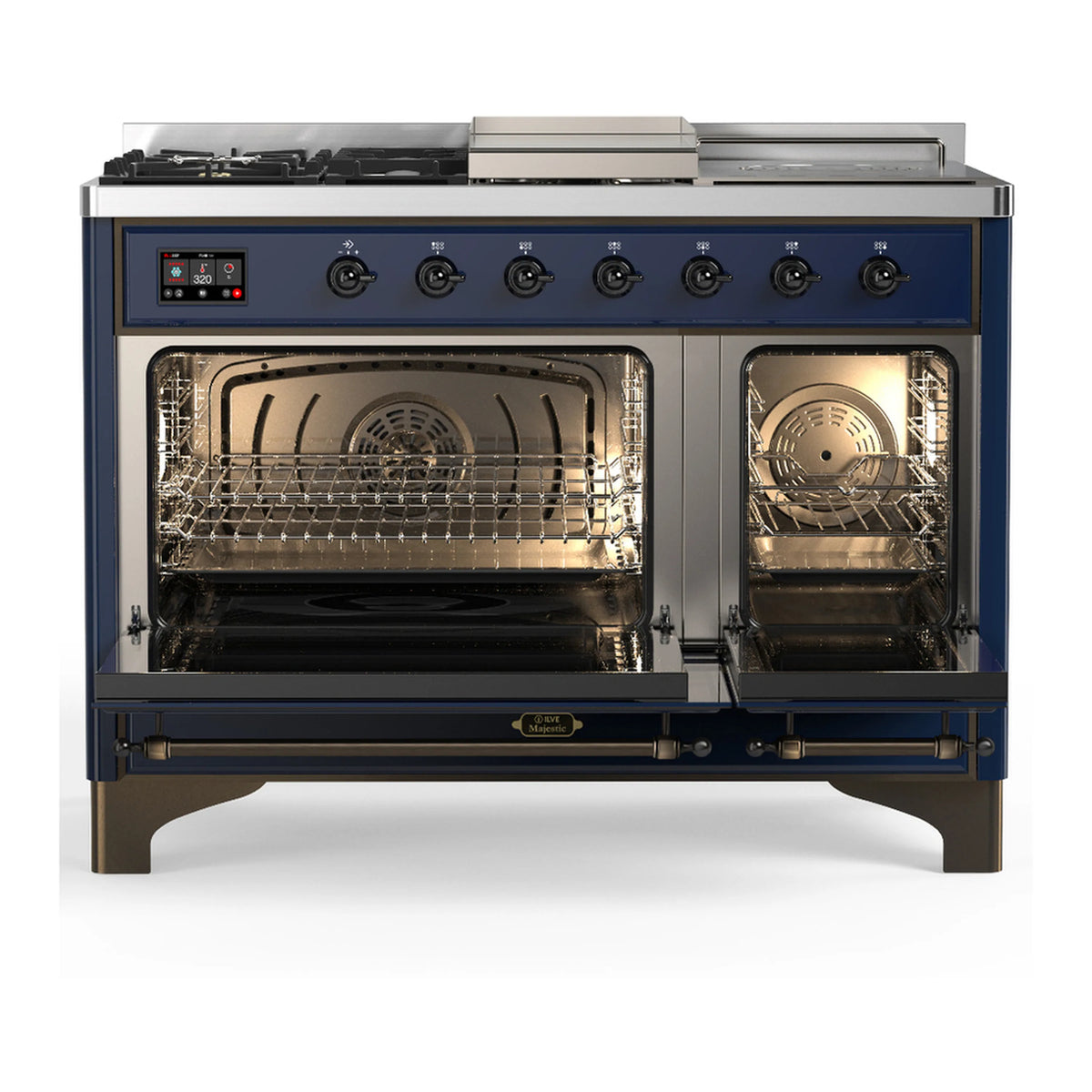 Midnight blue range with both oven doors open, showing wire racks and interior lights