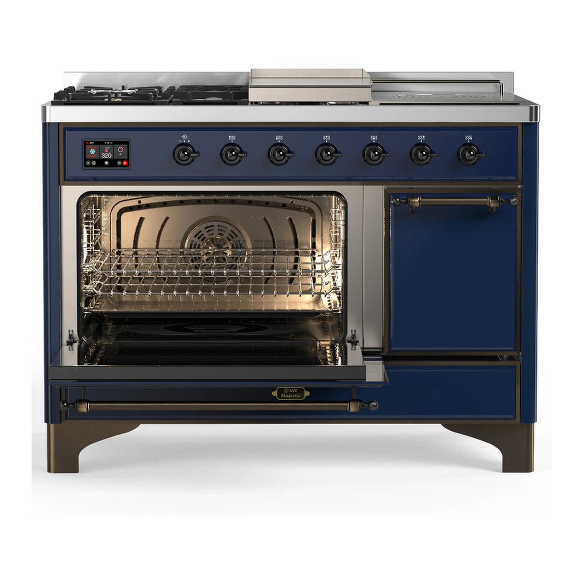 Midnight blue dual fuel range with one oven door open showing interior racks