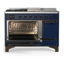ILVE Majestic III 48-inch Dual Fuel Range with 5 Natural Gas Burner, Griddle, French Top and Solid Door Electric Oven in Midnight Blue with Burnished Trim (UM48FSQNR3MBB)