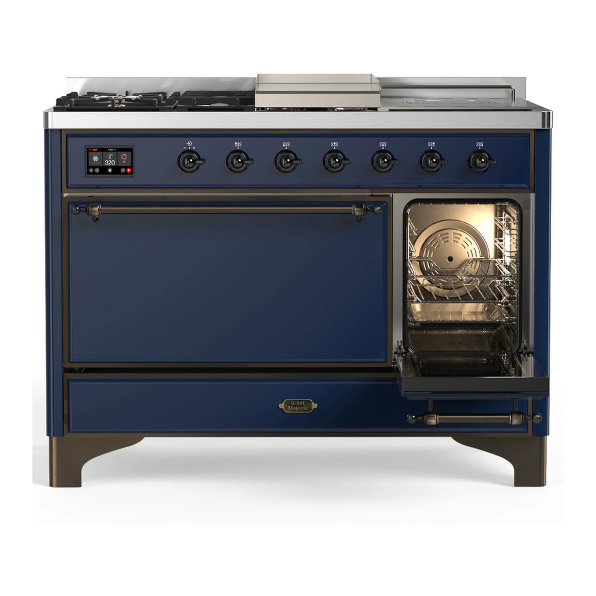 Midnight blue range with oven door open on right, showing illuminated interior racks
