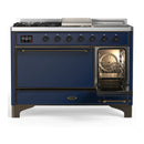 ILVE Majestic III 48-inch Dual Fuel Range with 5 Liquid Propane Burner, Griddle, French Top and Solid Door Electric Oven in Midnight Blue with Burnished Trim (UM48FSQNR3MBBLP)