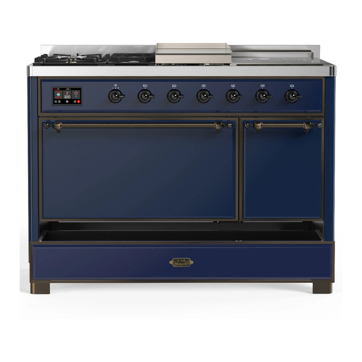 Midnight blue dual fuel range with two closed doors and a front lower drawer