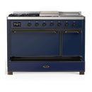 ILVE Majestic III 48-inch Dual Fuel Range with 5 Liquid Propane Burner, Griddle, French Top and Solid Door Electric Oven in Midnight Blue with Burnished Trim (UM48FSQNR3MBBLP)