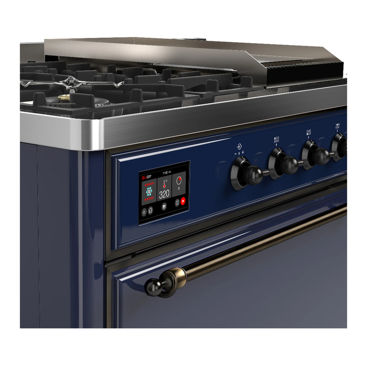 Dual fuel range control panel with digital display, knobs, and burner grates