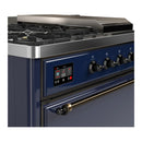 ILVE Majestic III 48-inch Dual Fuel Range with 5 Natural Gas Burner, Griddle, French Top and Solid Door Electric Oven in Midnight Blue with Burnished Trim (UM48FSQNR3MBB)