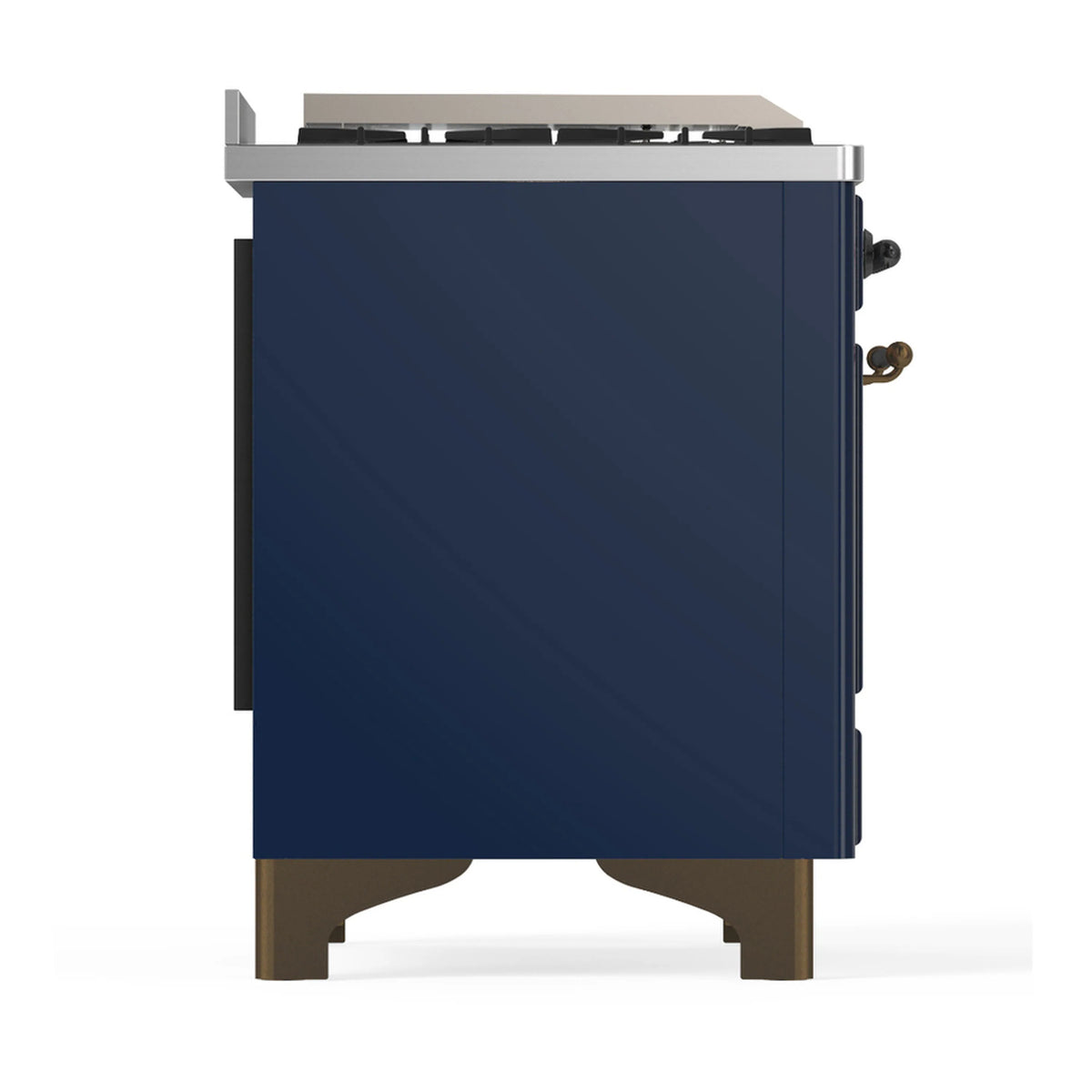 Midnight blue side panel of dual fuel range with trim and matching front edges