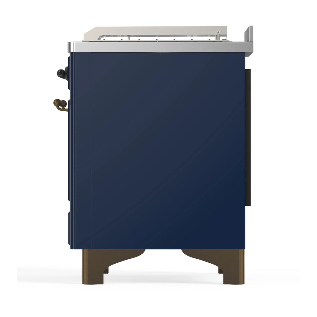 Midnight blue dual fuel range other side panel with stainless top trim