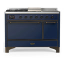 ILVE Majestic III 48-inch Dual Fuel Range with 5 Liquid Propane Burner, Griddle, French Top and Solid Door Electric Oven in Midnight Blue with Burnished Trim (UM48FSQNR3MBBLP)