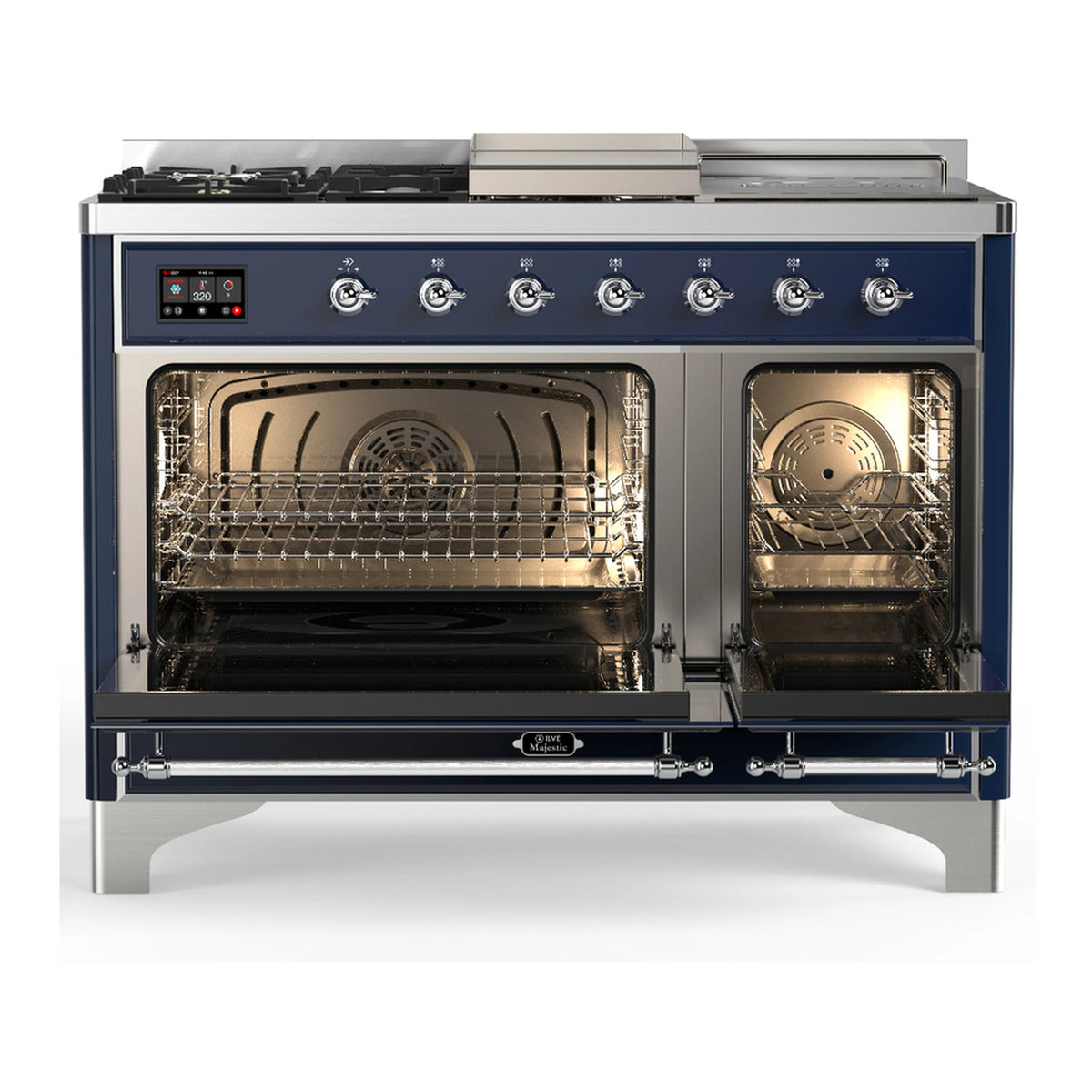 Midnight blue dual fuel range with both oven doors open, showing racks inside