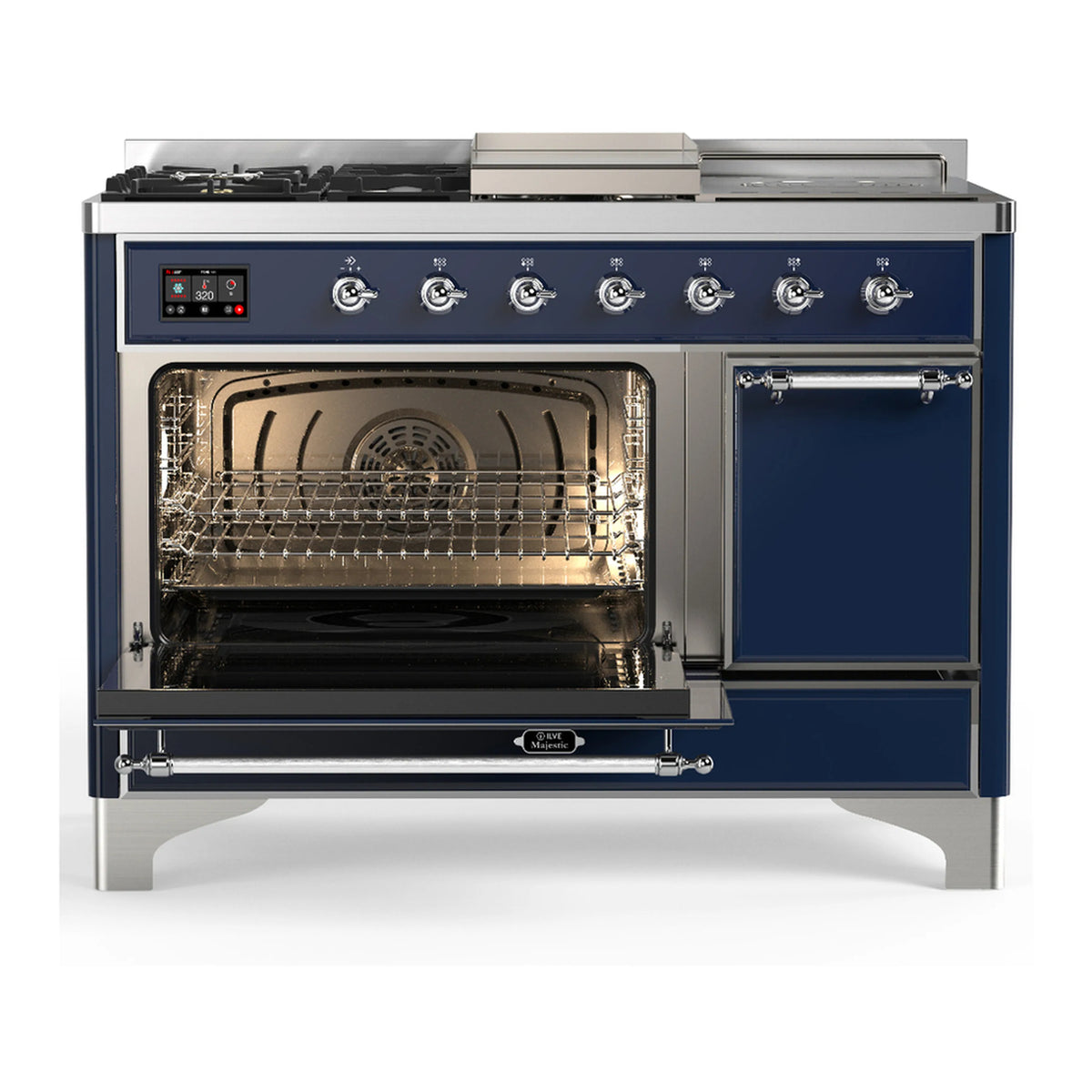 Midnight blue dual fuel range with one oven door open and bake cavity with racks