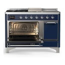 ILVE Majestic III 48-inch Dual Fuel Range with 5 Natural Gas Burner, Griddle, French Top and Solid Door Electric Oven in Midnight Blue with Chrome Trim (UM48FSQNR3MBC)