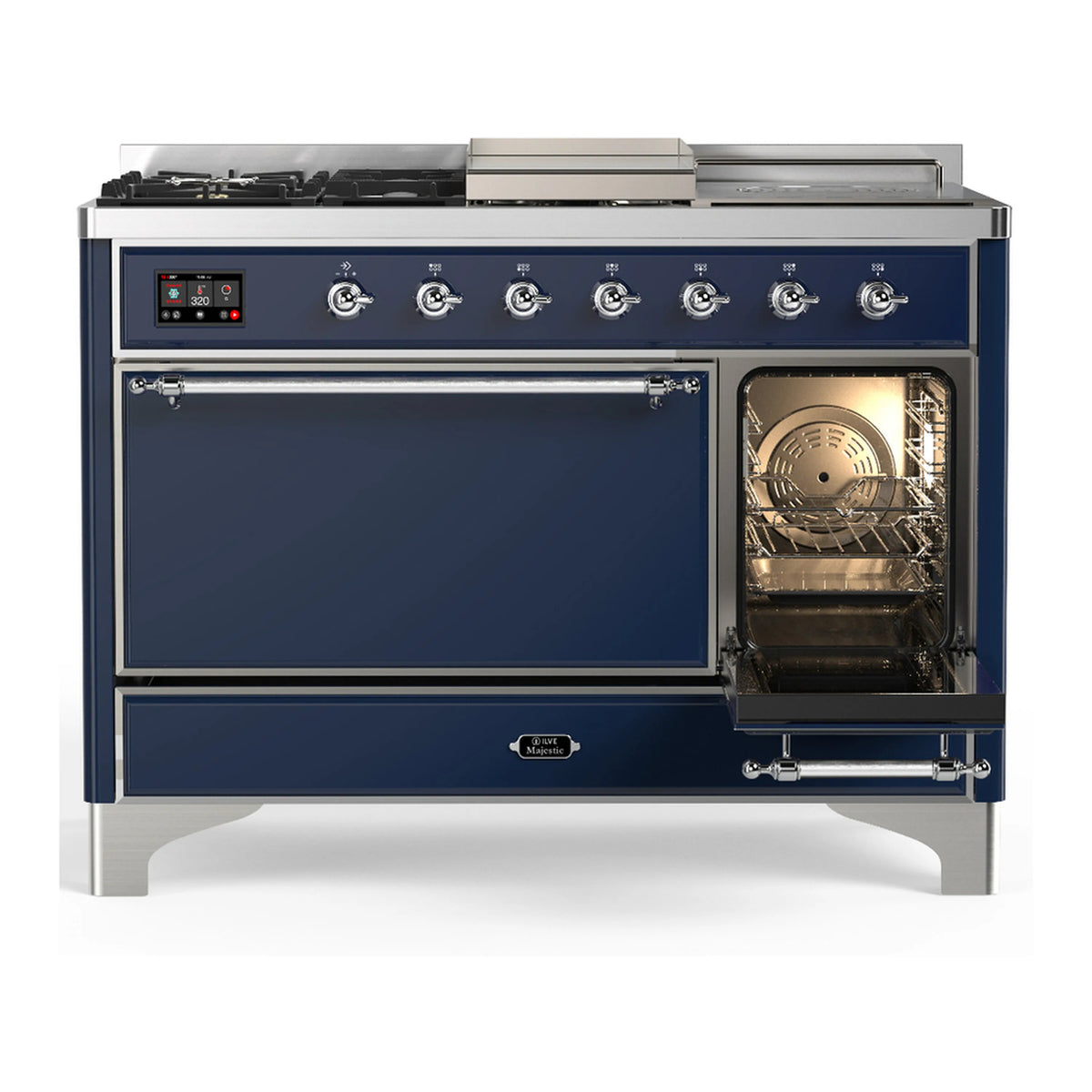 Midnight blue dual fuel range with oven door open and storage door below