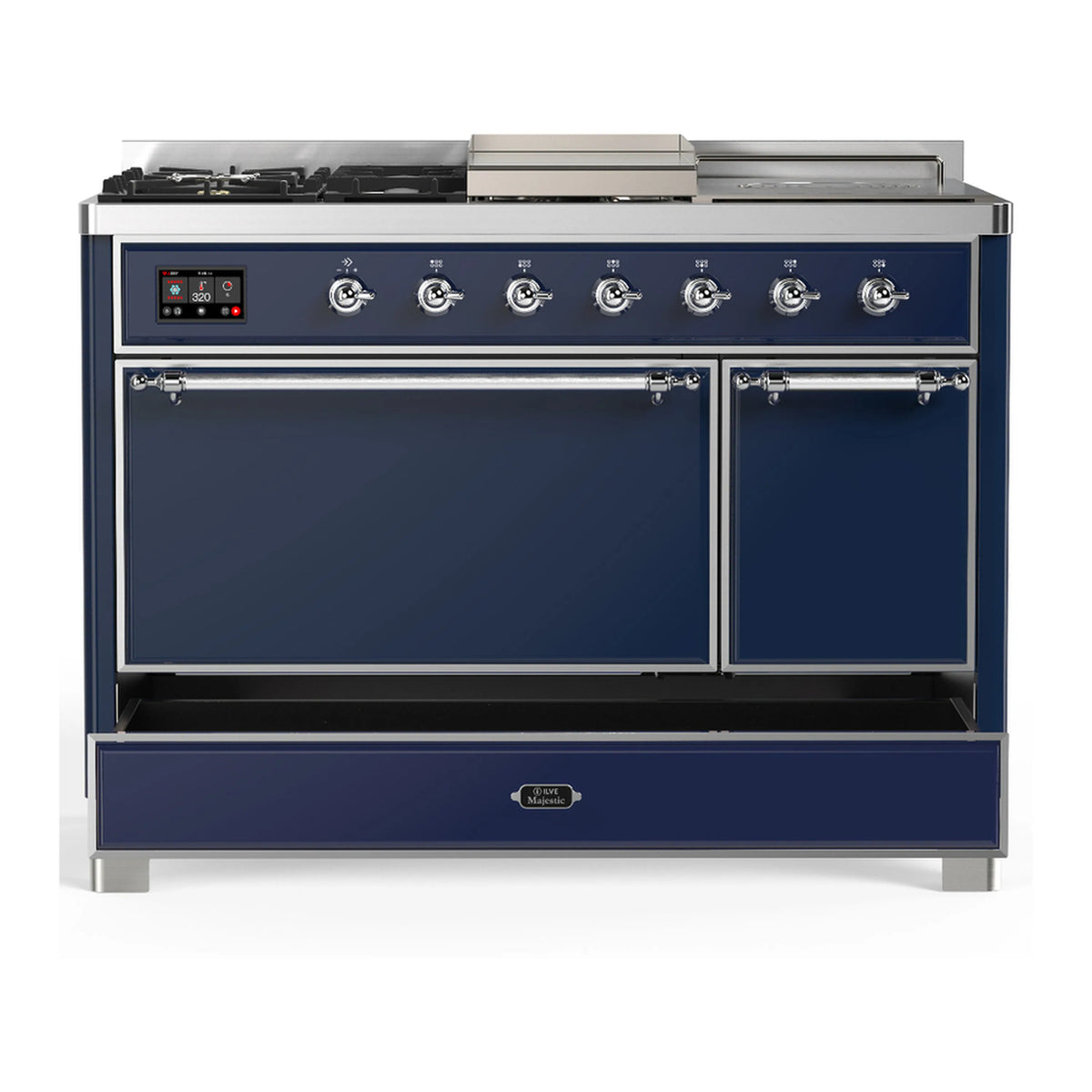 Midnight blue dual fuel range with two closed oven doors and large storage drawer