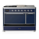 ILVE Majestic III 48-inch Dual Fuel Range with 5 Natural Gas Burner, Griddle, French Top and Solid Door Electric Oven in Midnight Blue with Chrome Trim (UM48FSQNR3MBC)