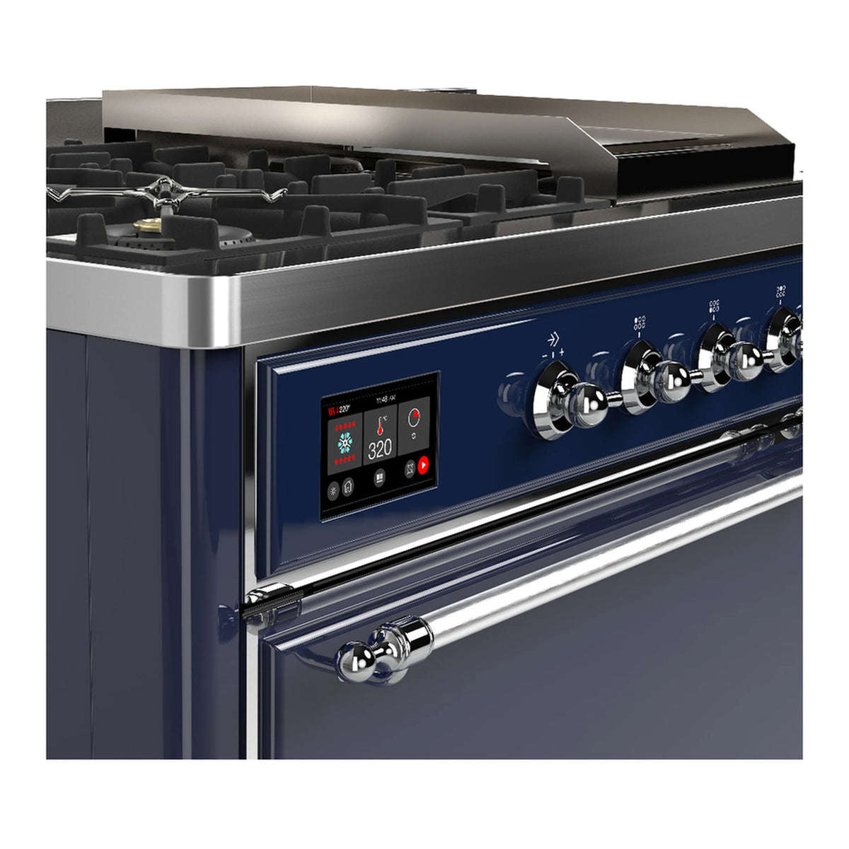 Midnight blue dual fuel range control panel with digital display and chrome knobs