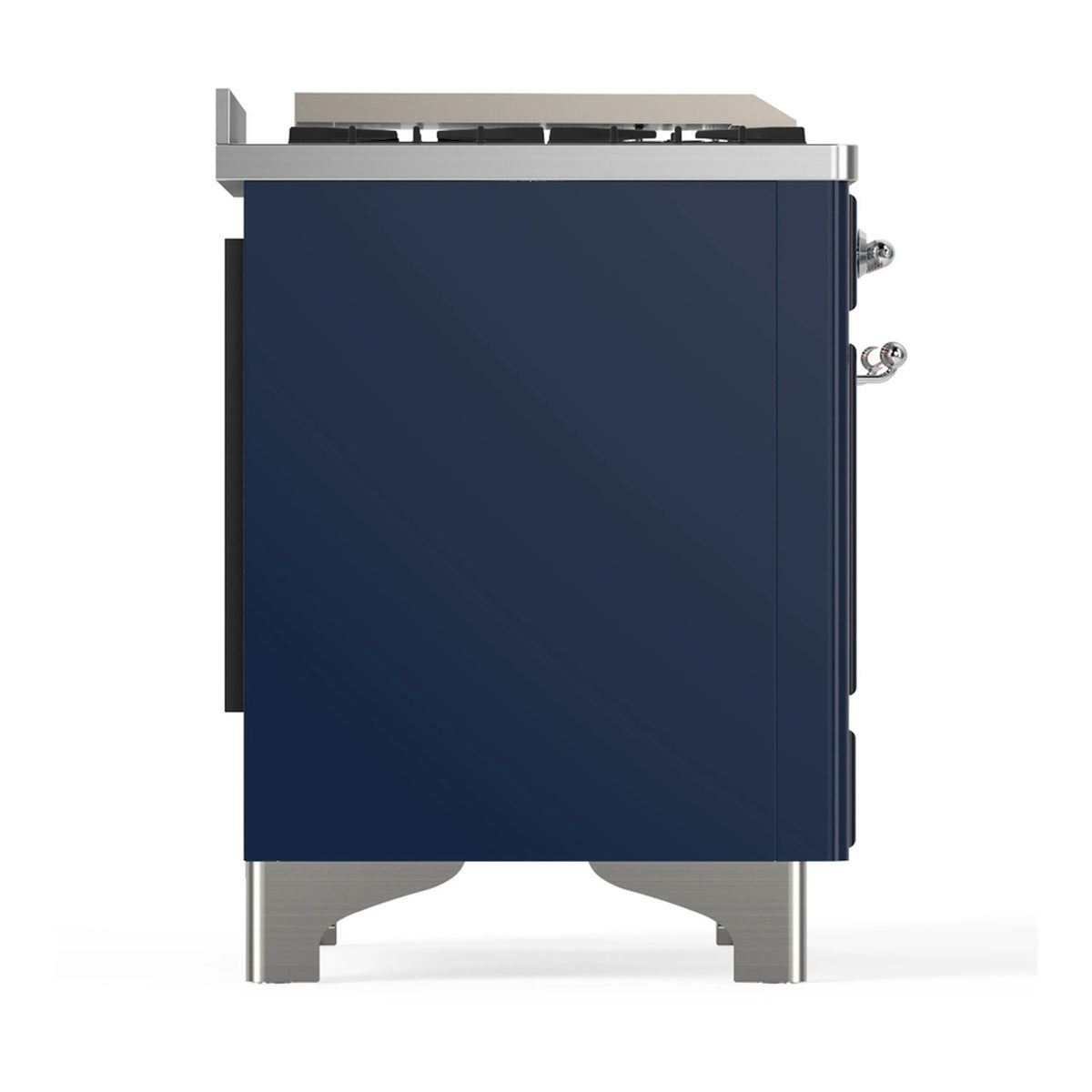 Midnight blue dual fuel range side panel with chrome handle and top burner area