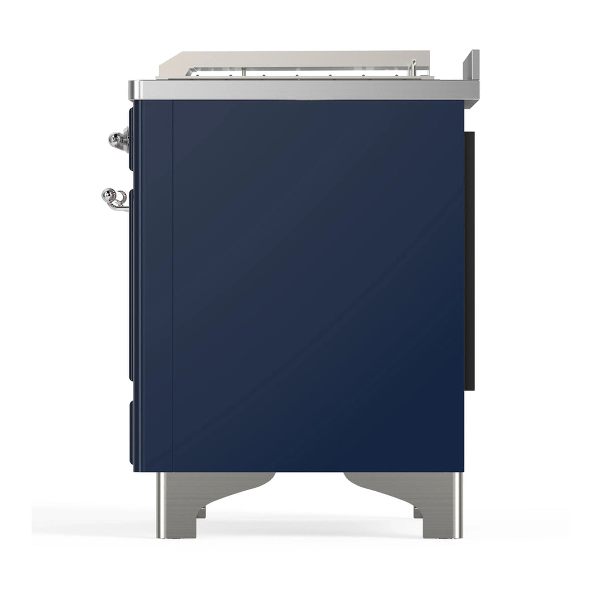 Midnight blue dual fuel range rear-side view with chrome trim and access handles