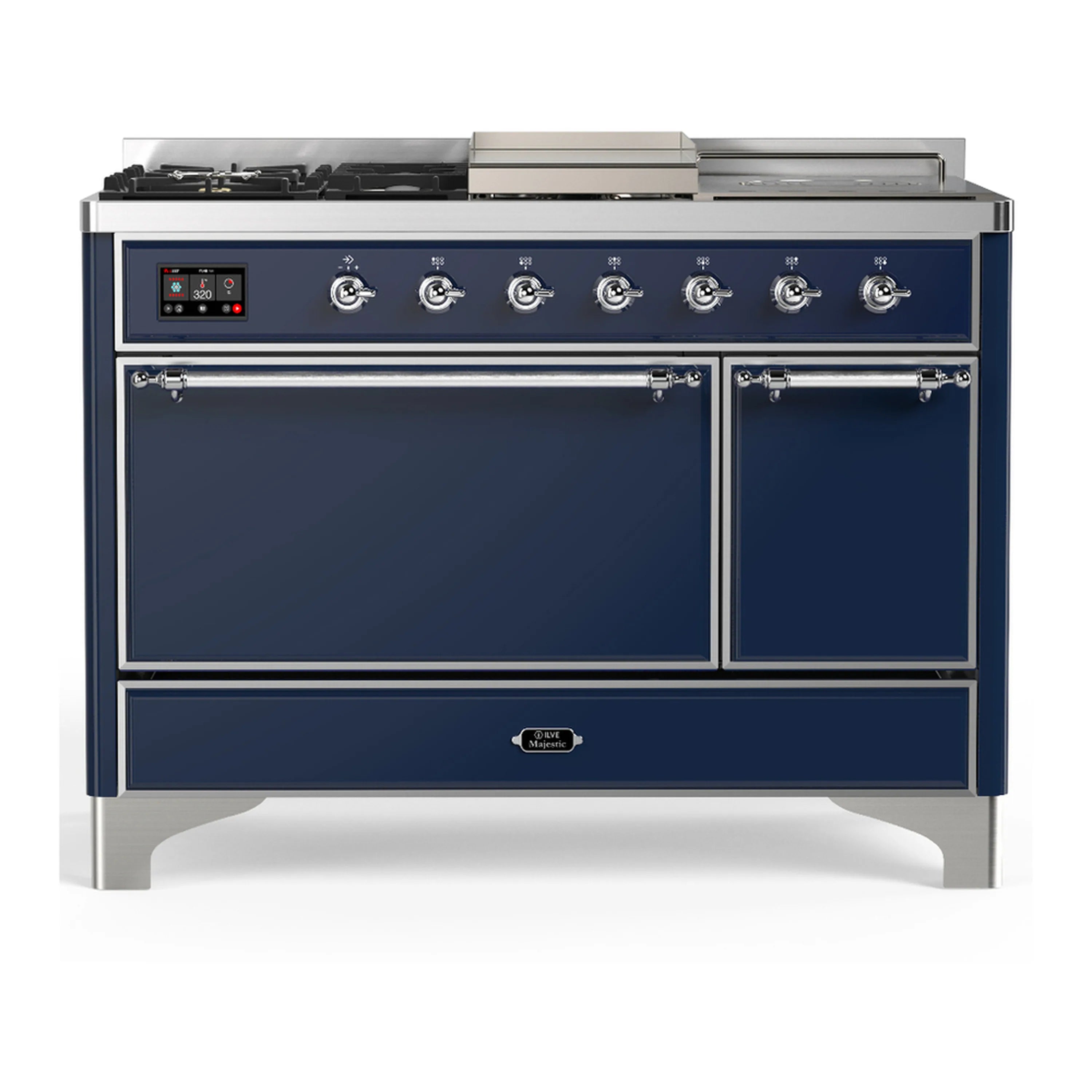 Midnight blue dual fuel range with chrome knobs and two solid cabinet doors