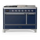 ILVE Majestic III 48-inch Dual Fuel Range with 5 Liquid Propane Burner, Griddle, French Top and Solid Door Electric Oven in Midnight Blue with Chrome Trim (UM48FSQNR3MBCLP)