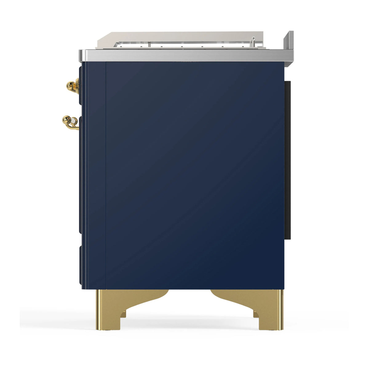 Blue-grey side panel of dual fuel range with brass handles and gold-colored legs