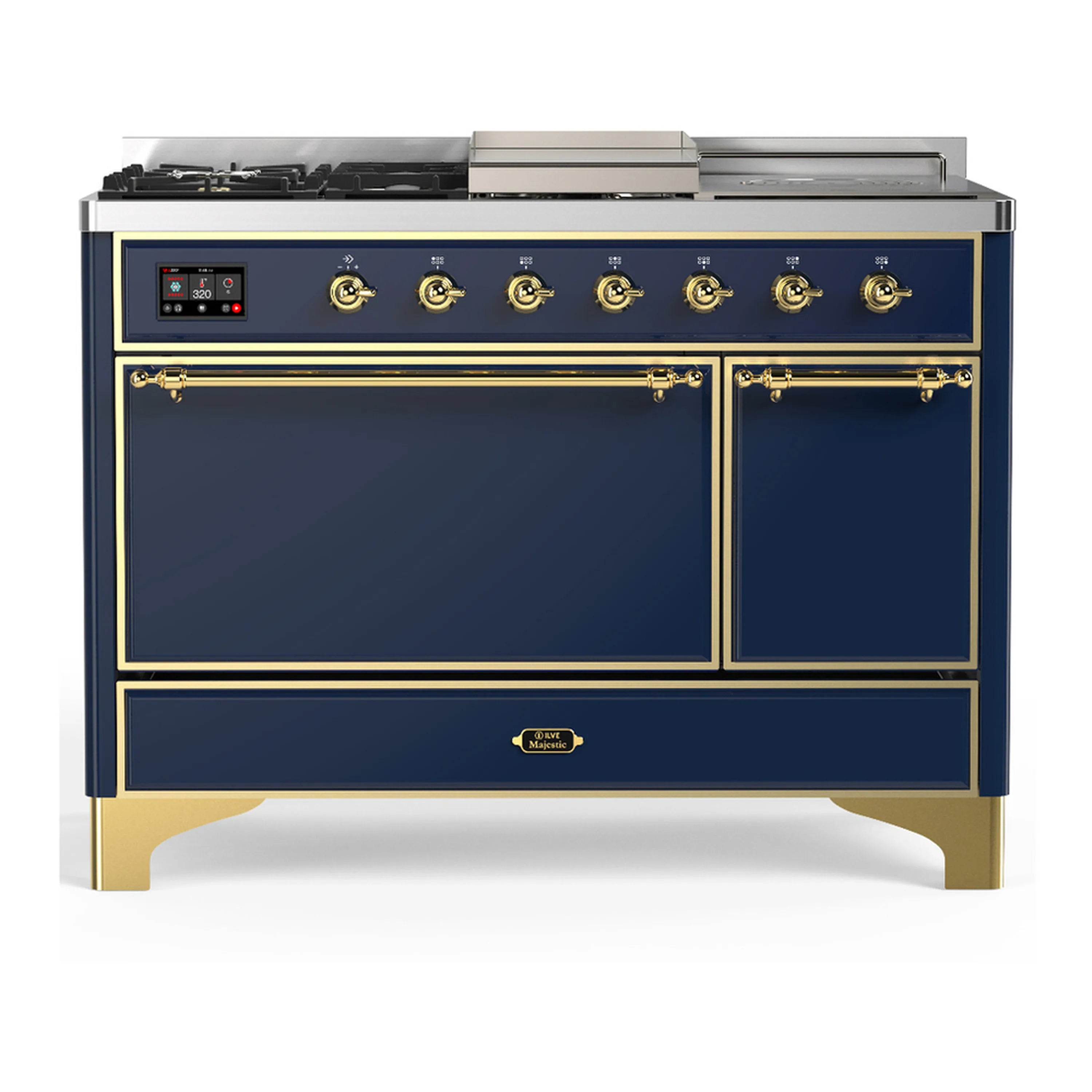 Blue-grey dual fuel range with brass trim; griddle and French top; solid oven door