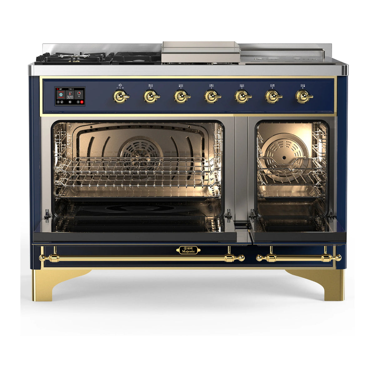 Dual fuel range with open stainless oven, racks inside; two compartments; blue-grey body