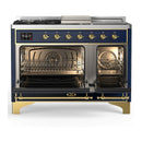 ILVE Majestic III 48-inch Dual Fuel Range with 5 Liquid Propane Burner, Griddle, French Top and Solid Door Electric Oven in Blue Grey with Brass Trim (UM48FSQNR3MBGLP)