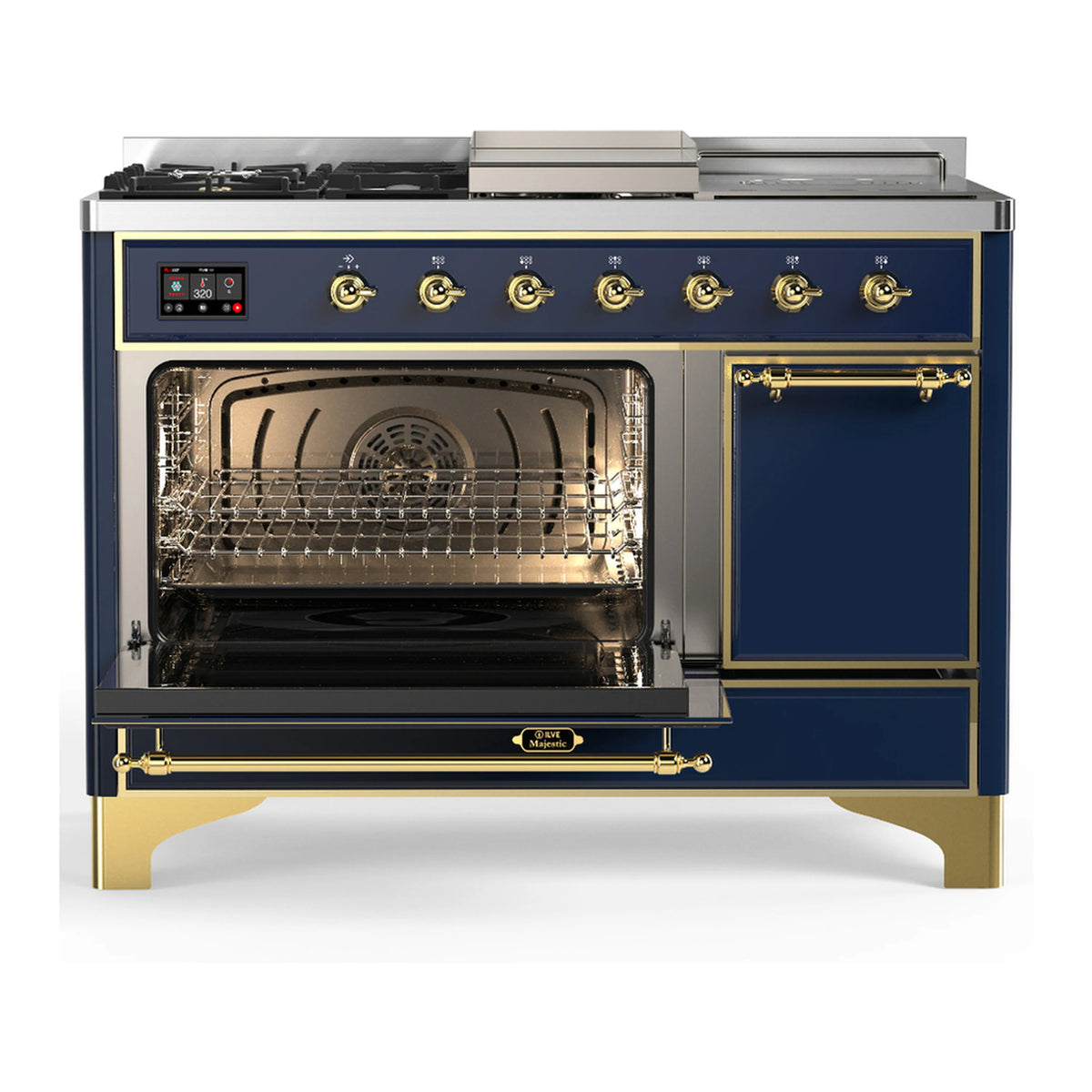 Dual fuel range with open main oven and closed side door; stainless interior; blue-grey