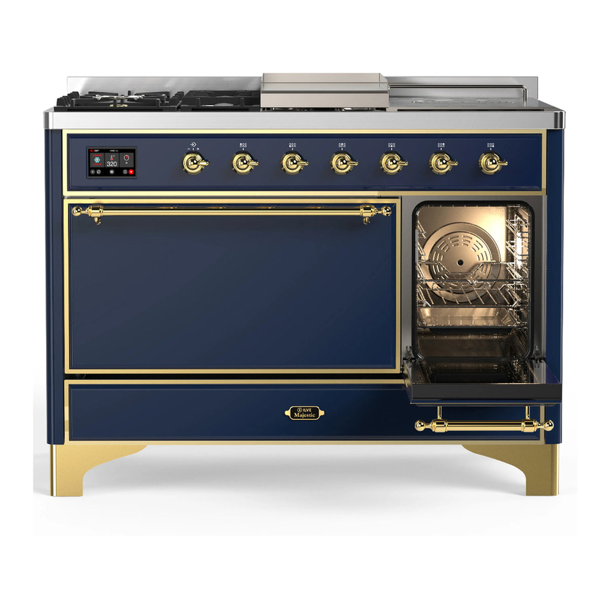Blue-grey dual fuel range front with two doors, brass trim, and control panel