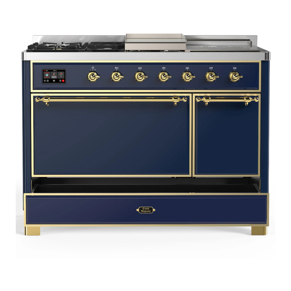 Blue grey dual fuel range with brass trim, closed oven doors, and lower storage drawer