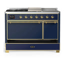 ILVE Majestic III 48-inch Dual Fuel Range with 5 Natural Gas Burner, Griddle, French Top and Solid Door Electric Oven in Blue Grey with Brass Trim (UM48FSQNR3MBG)