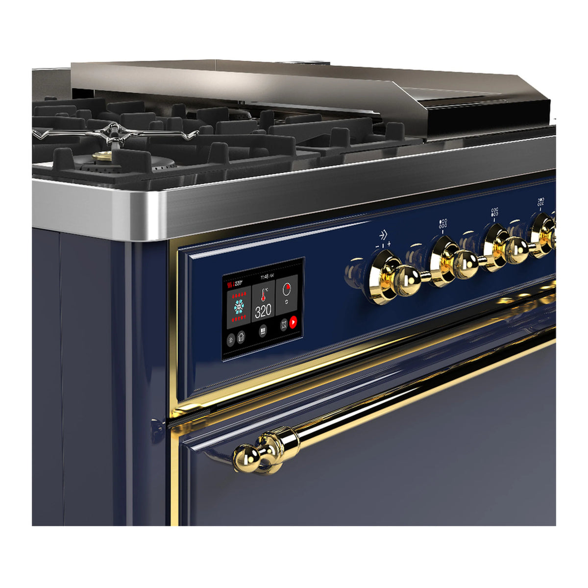 Blue grey dual fuel range front with brass knobs, digital display, and cooktop grates
