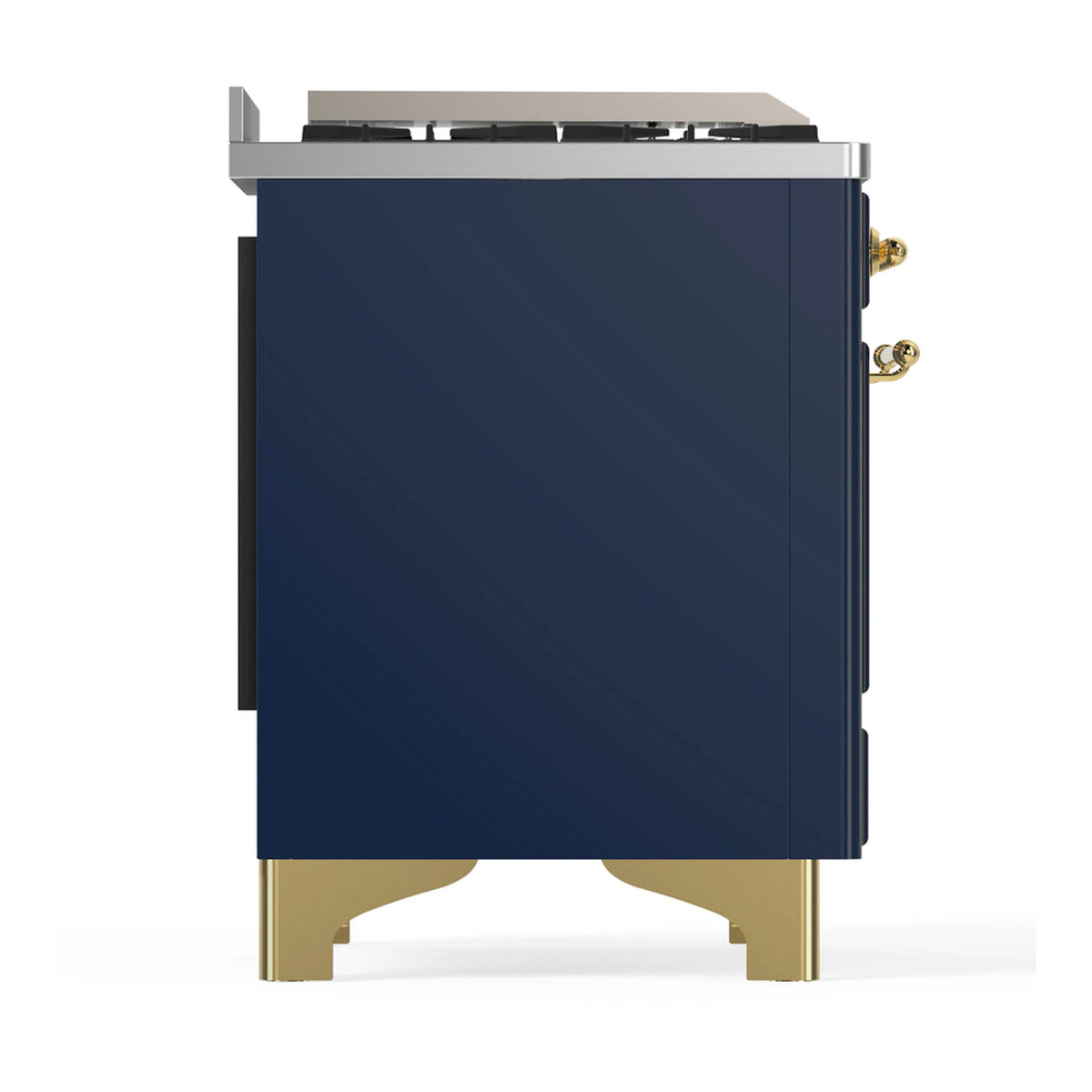 Blue-grey side panel of dual fuel range with brass handles and rear vent