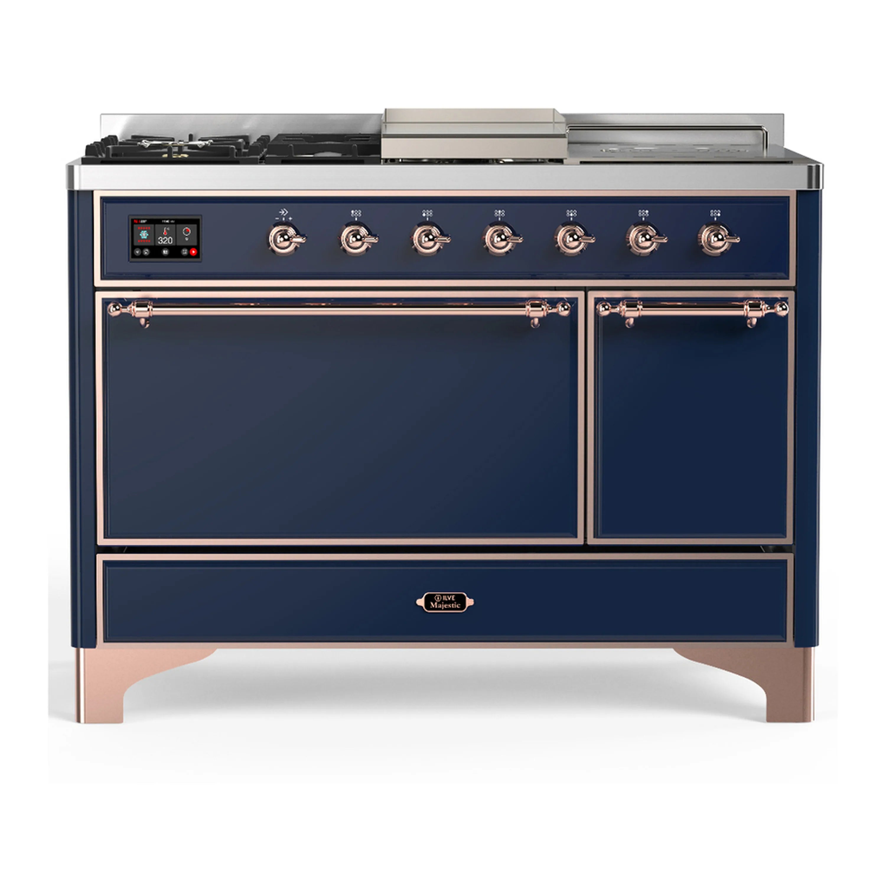 ILVE dual fuel range with both oven doors closed, midnight blue exterior and copper trim