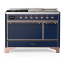 ILVE Majestic III 48-inch Dual Fuel Range with 5 Liquid Propane Burner, Griddle, French Top and Solid Door Electric Oven in Midnight Blue with Copper Trim (UM48FSQNR3MBPLP)