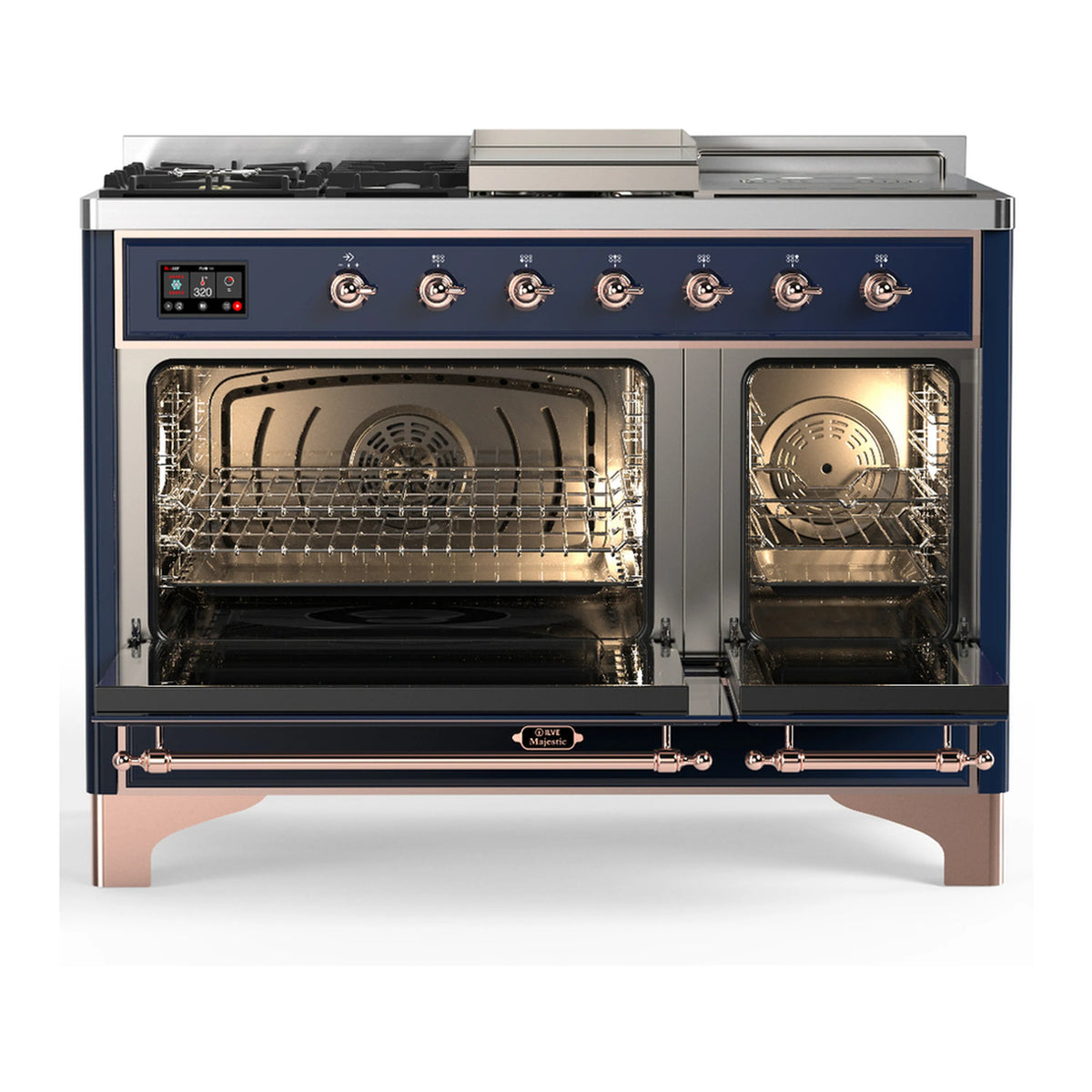 ILVE dual fuel range with open oven doors, midnight blue body and copper trim, knobs