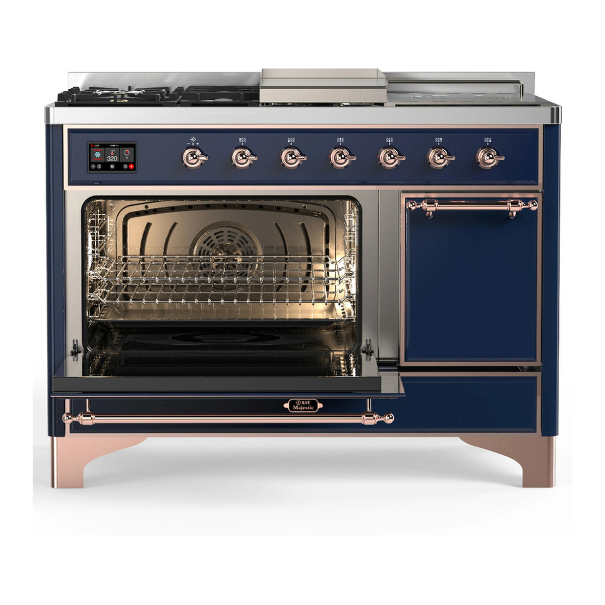 ILVE dual fuel range with one oven door open, midnight blue finish and copper trim