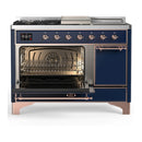 ILVE Majestic III 48-inch Dual Fuel Range with 5 Liquid Propane Burner, Griddle, French Top and Solid Door Electric Oven in Midnight Blue with Copper Trim (UM48FSQNR3MBPLP)