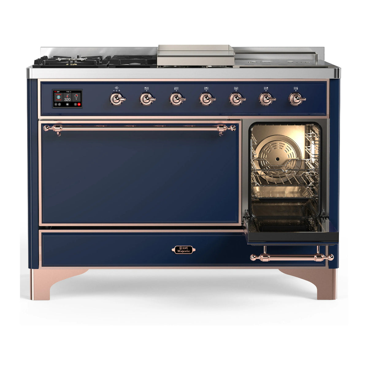 ILVE dual fuel range with one oven door closed and one glass oven door open, blue