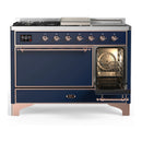 ILVE Majestic III 48-inch Dual Fuel Range with 5 Liquid Propane Burner, Griddle, French Top and Solid Door Electric Oven in Midnight Blue with Copper Trim (UM48FSQNR3MBPLP)