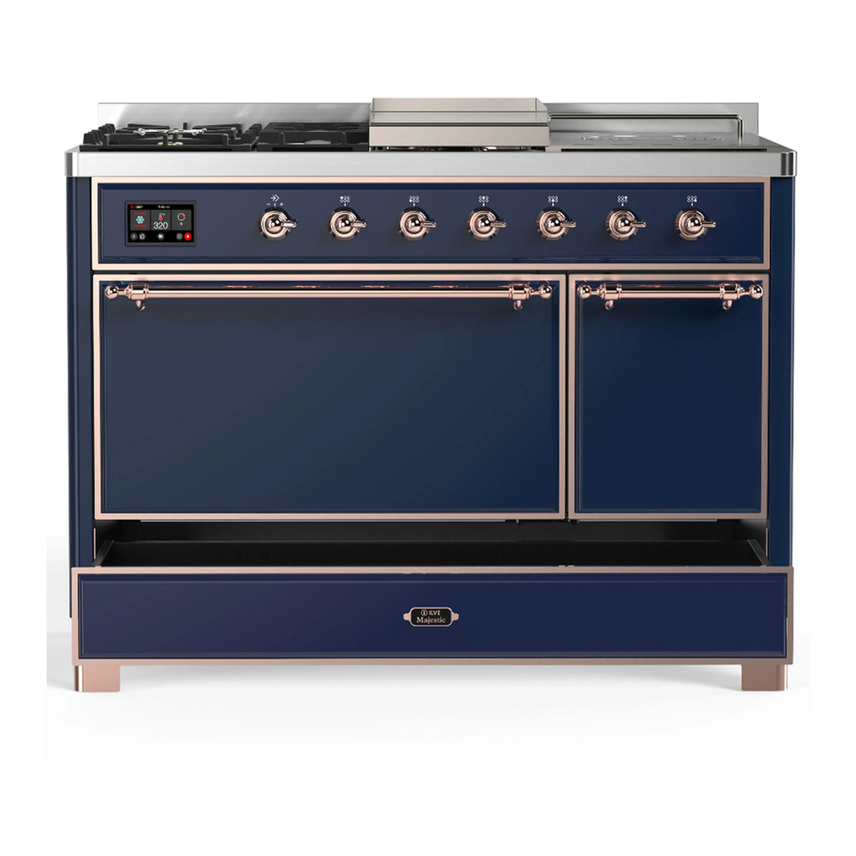 ILVE dual fuel range with two closed doors, midnight blue panels and copper trim