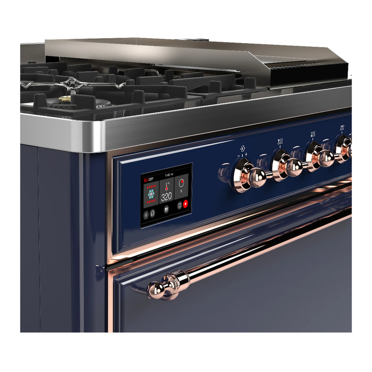 ILVE dual fuel range close-up of copper control knobs and control panel on blue