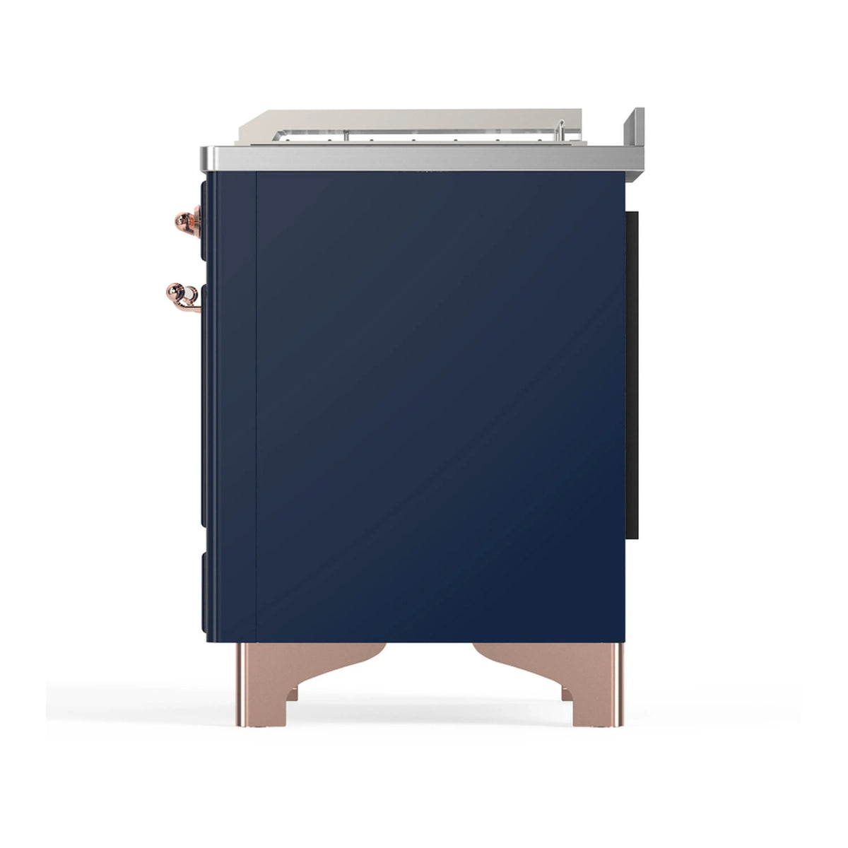 ILVE dual fuel range rear-side view with dark blue panel and copper trim legs