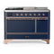 ILVE Majestic III 48-inch Dual Fuel Range with 5 Natural Gas Burner, Griddle, French Top and Solid Door Electric Oven in Midnight Blue with Copper Trim (UM48FSQNR3MBP)